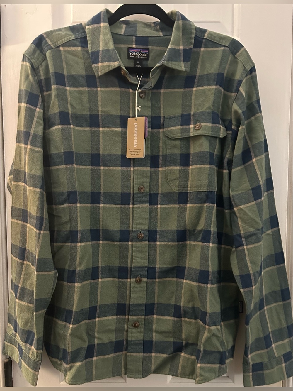 NWT Mens PATAGONIA Organic Cotton Long Sleeve Flannel Green Blue Sz Medium R$90